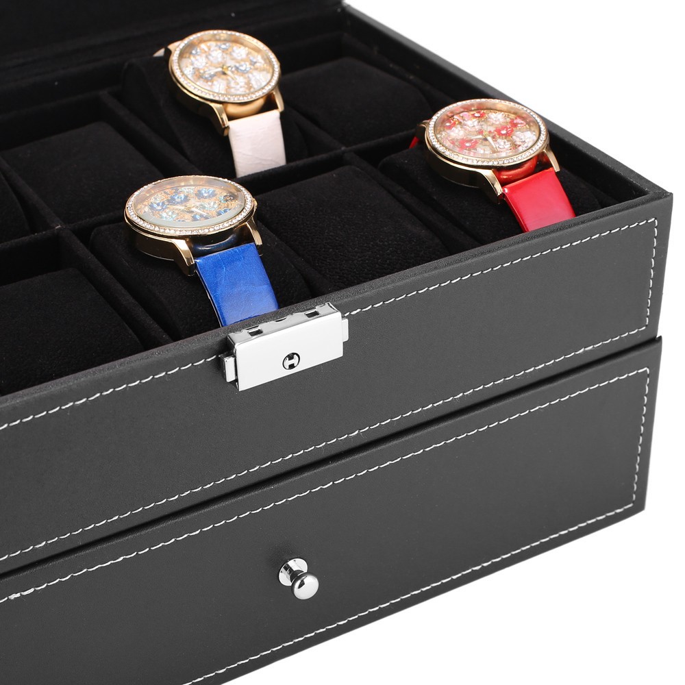 20 Compartments Watch Collection Storage Box Glass Top Display, Lockable, Black~