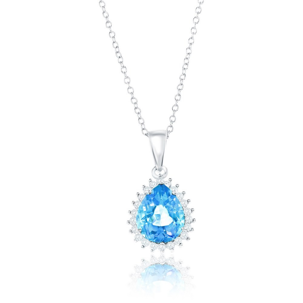 Sterling Silver, Pearshaped Halo Gem Necklace – Blue & White Topaz