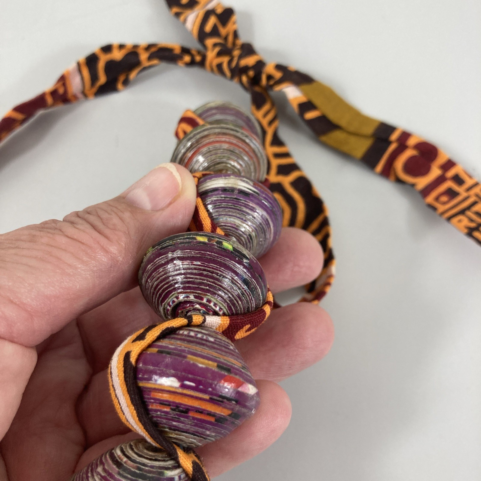 Artisan Rolled Paper Bead Necklace Fabric Chain Purple Orange Chunky Handmade