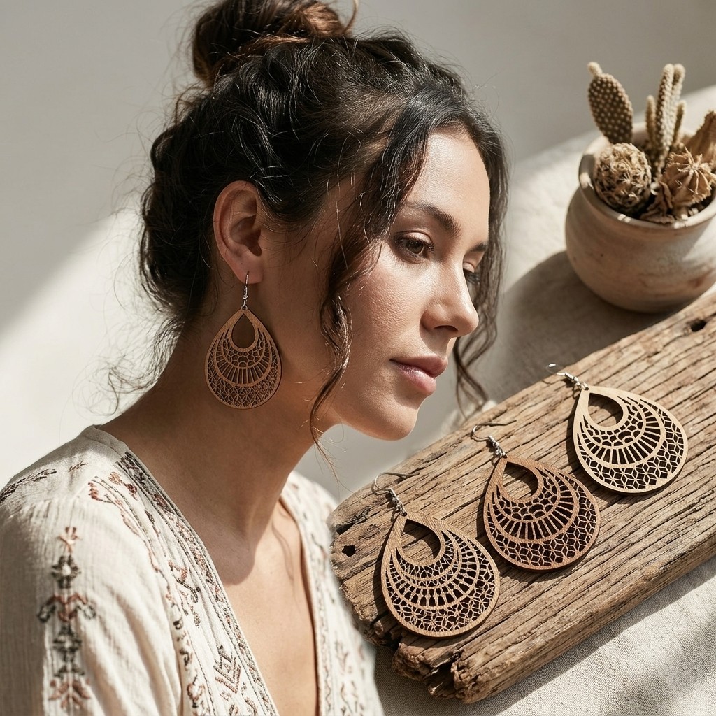 Boho Floral Teardrop Wooden Earrings 4 Pairs Laser Cut Filigree Dangle Set
