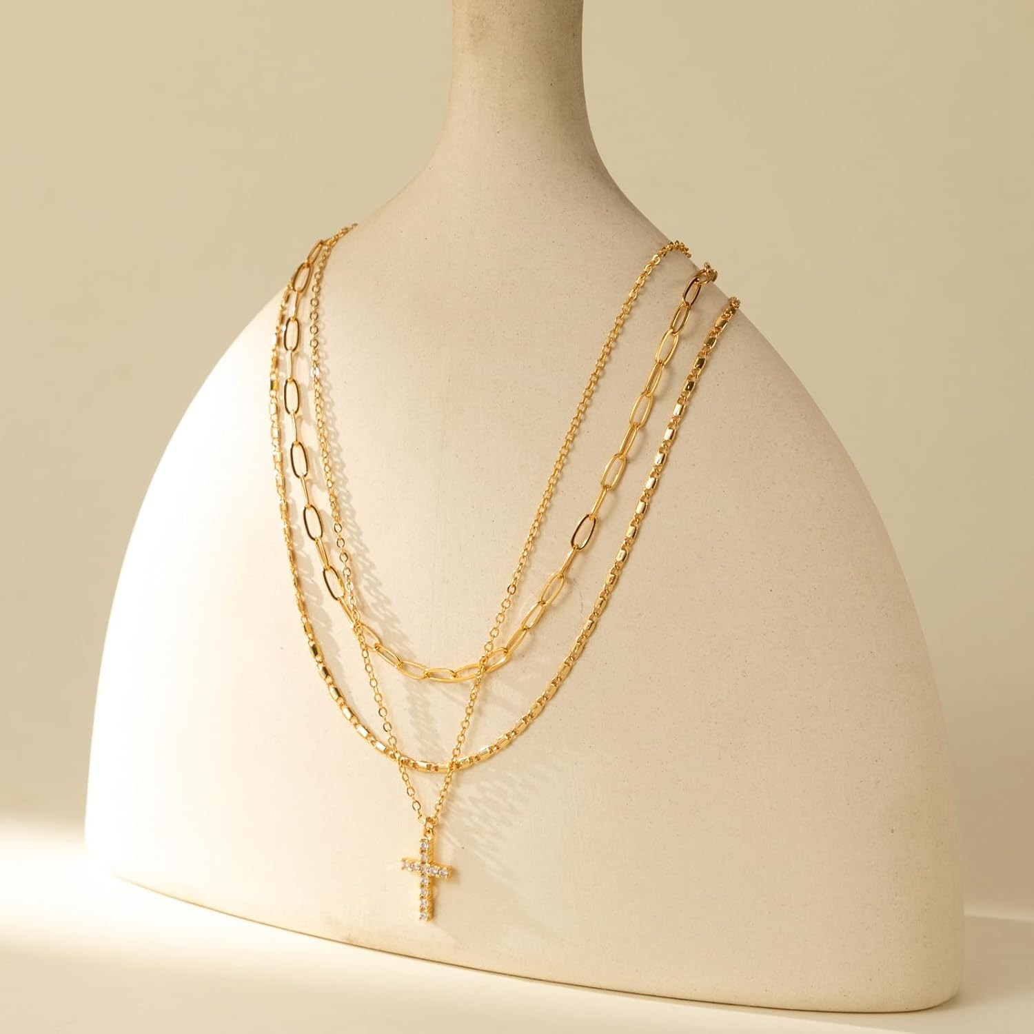 Layered Gold Necklaces for Women，Stackable Dainty 14K Gold Plated Trendy Crucifi