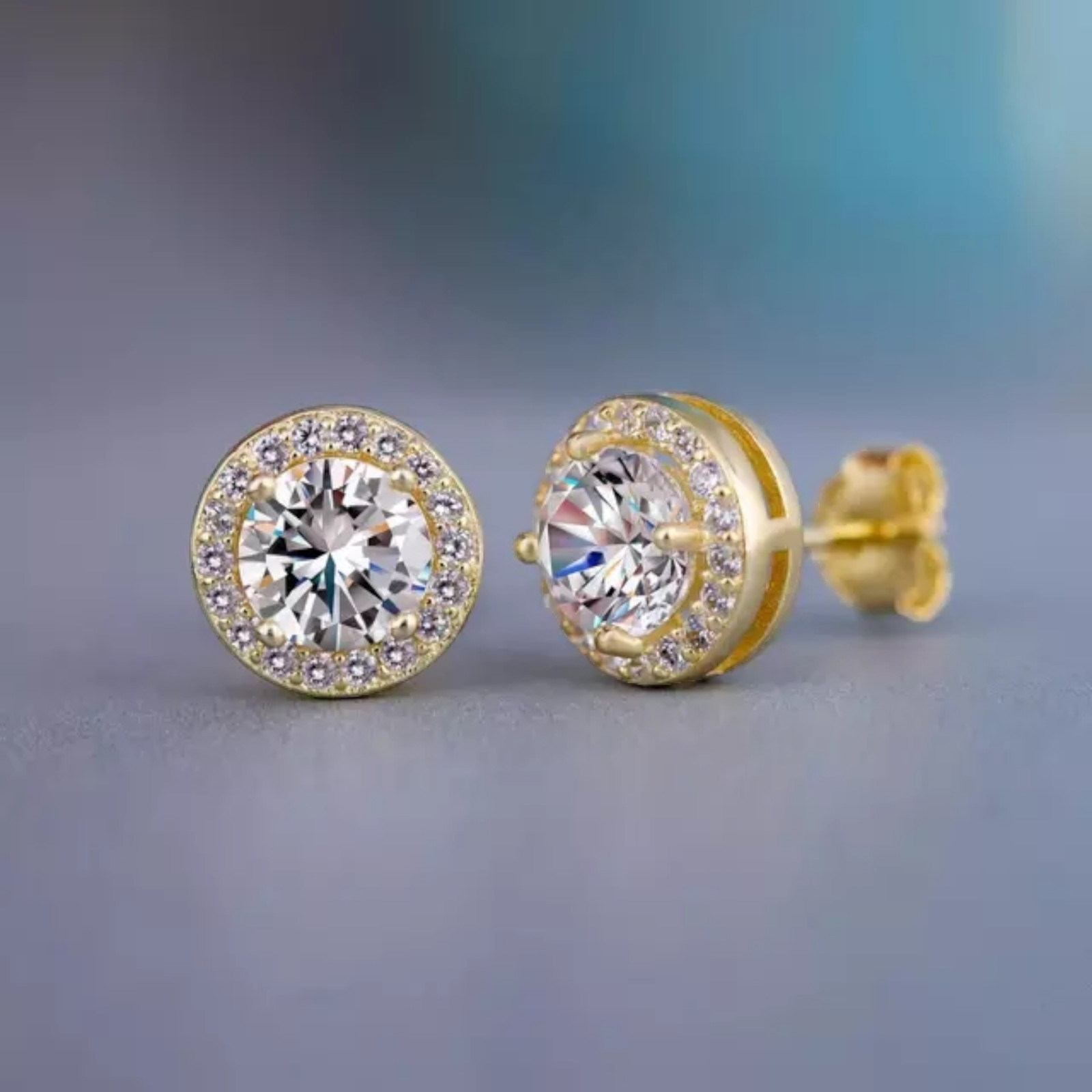 2 Pair Gold Plated Stud Earrings With Cubic Zirconia Hip Hop Jewelry Unisex, Men