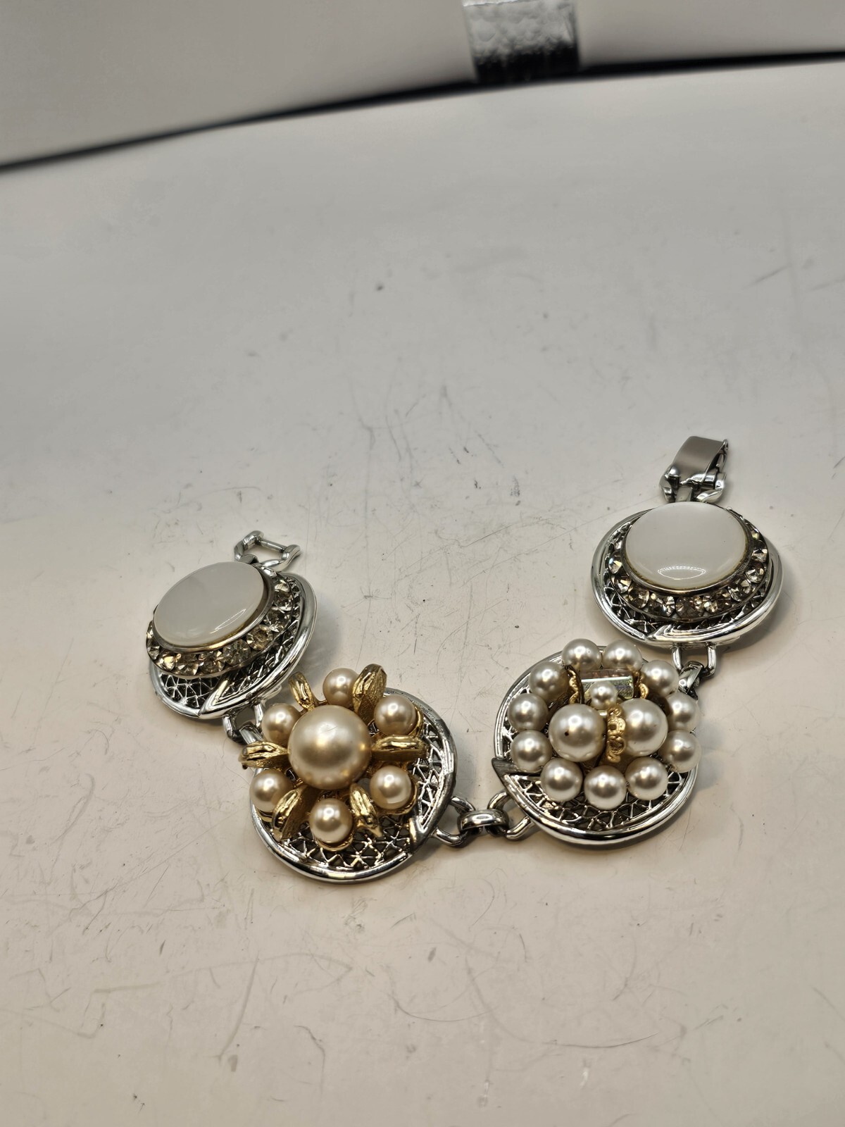 Handmade Mixed Media Bracelet Vtg Clip Earrings 40-50s OOAK 7.25″ Grannycore