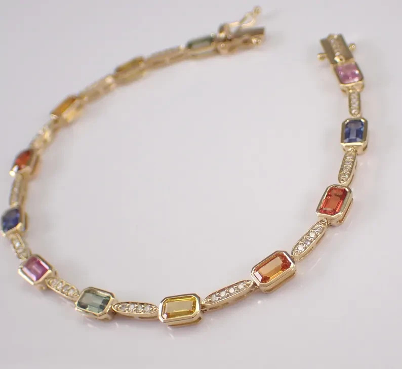 14K Yellow Gold Plated Multi Color Stones Stackable Tennis Women’s Bracelet 7″