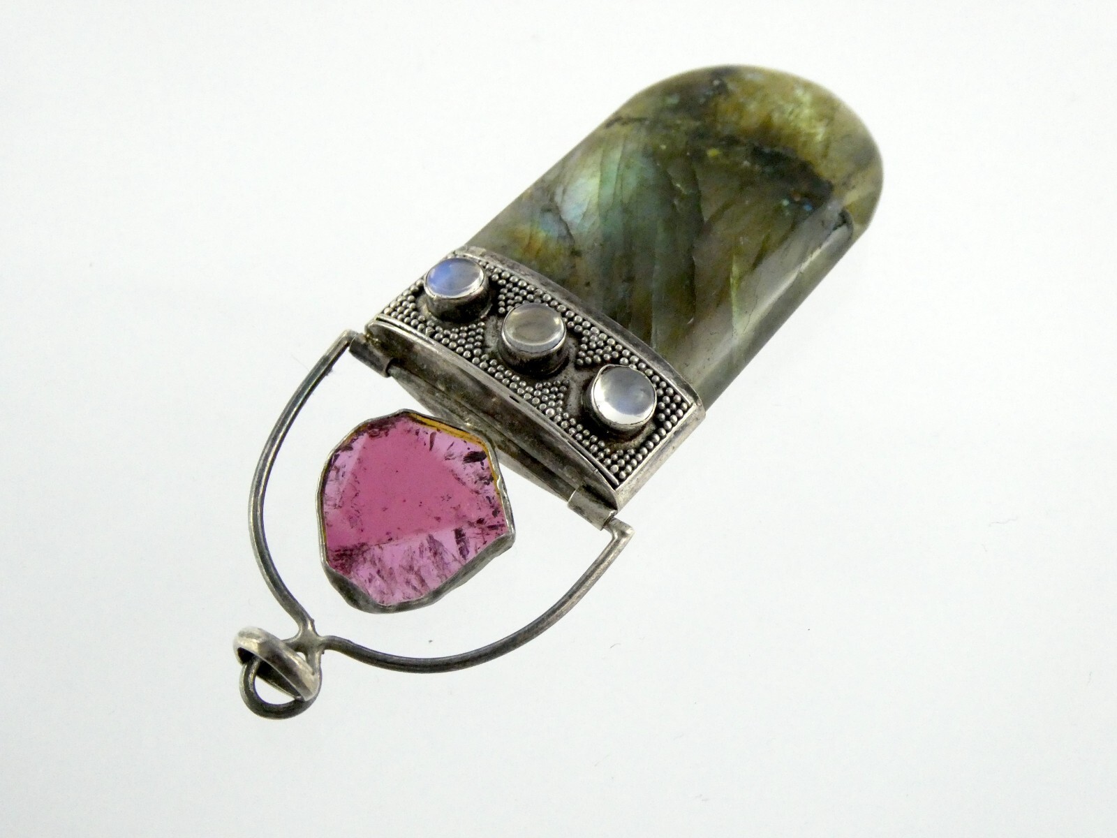 Sterling Silver Pink Tourmaline Slice Labradorite Moonstone Pendant 925 24.2g