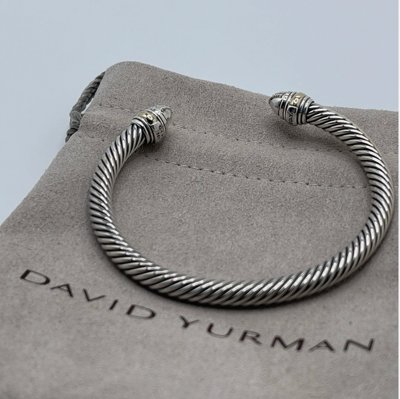 David 5mm Cable Sterling Silver & 14k Gold Bracelet with Diamond Tips