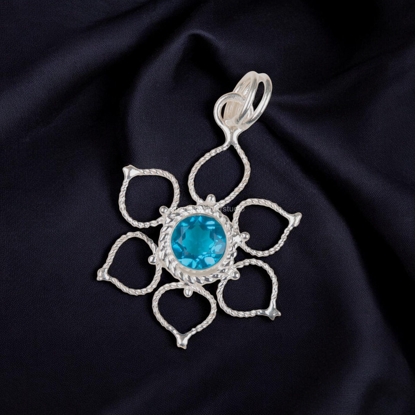 Swiss Blue Topaz Gemstone Jewelry 925 Silver Handmade Boho Pendant 1.44″ Gifts