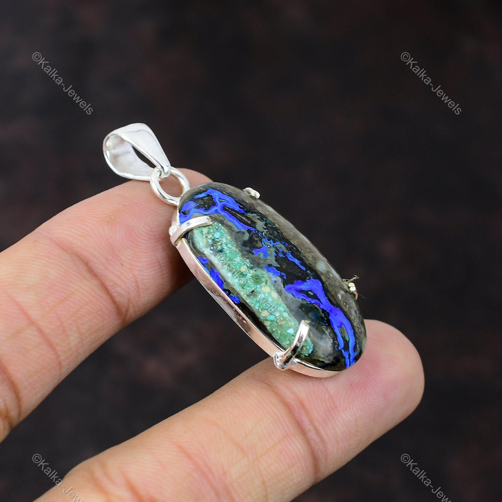 Natural Azurite Malachite Gemstone Pendant Blue 925 Sterling Silver Jewelry