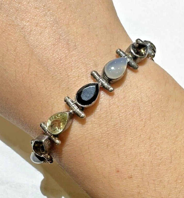 Vintage Silver Teardrop Smoky Quartz Citrine Black Onyx 8.5″ Bracelet DA5