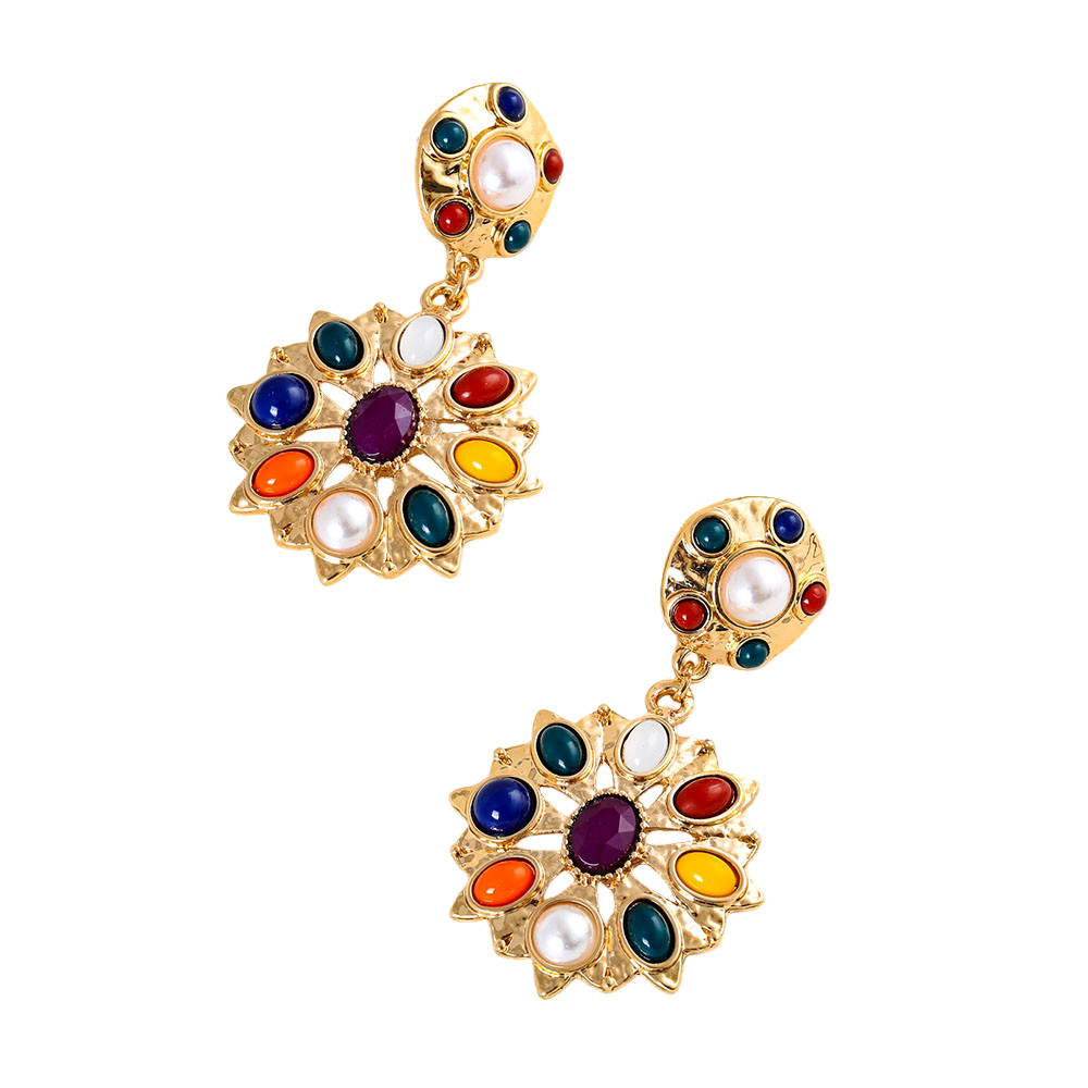 Multi Color Stone Floral Drop Earrings Gold Plated Retro Pearl Statement Jewelry