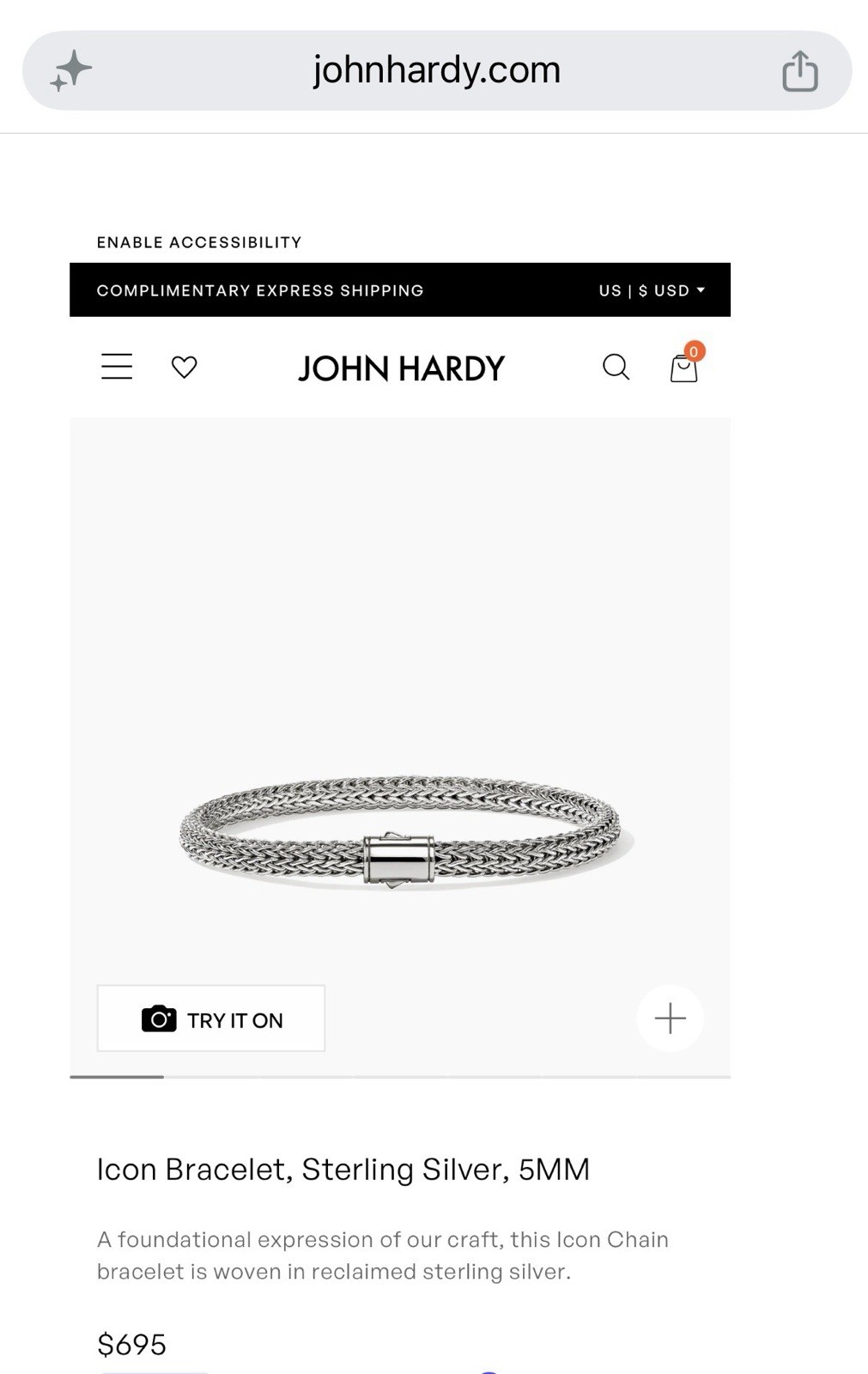 John Hardy Icon Bracelet 925 Sterling Silver Braided Chain Push Lock 7.6-8″