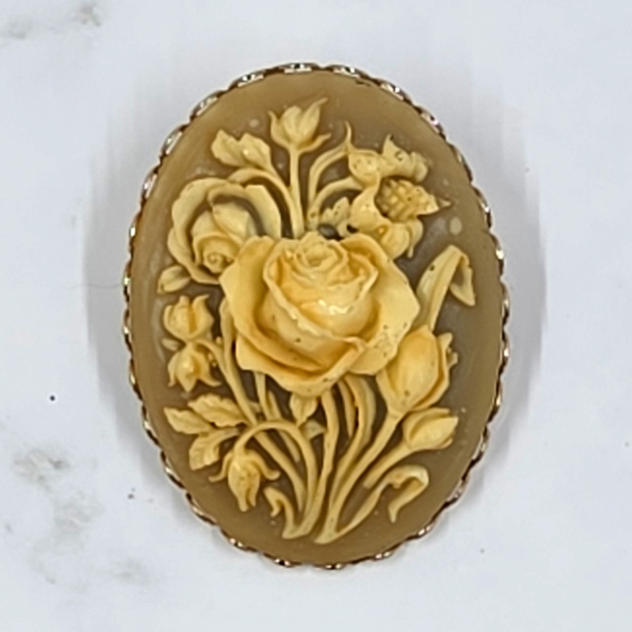 Carolee Oval Floral Cameo Brooch Pin, Gold Tone, Brown & Cream Colors
