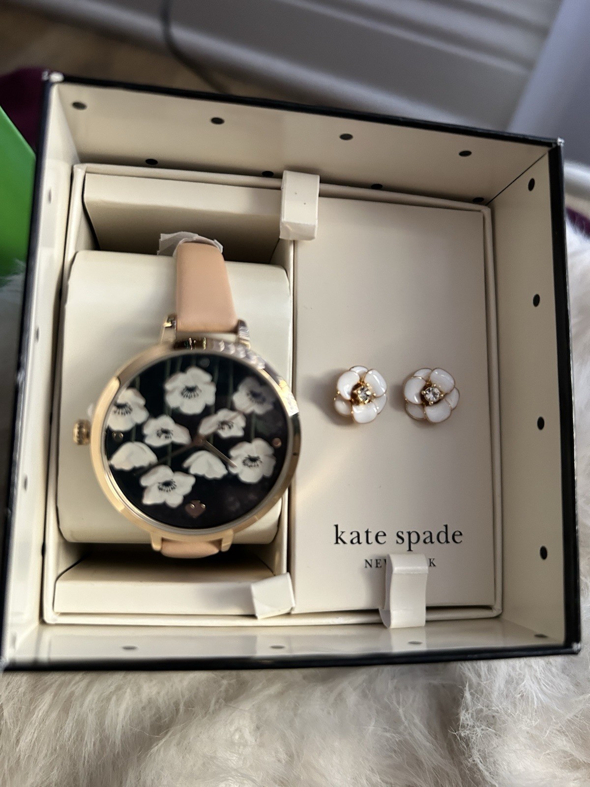 Kate Spade Floral Watch & Earrings Set Leather Metal Enamel Beige Gold
