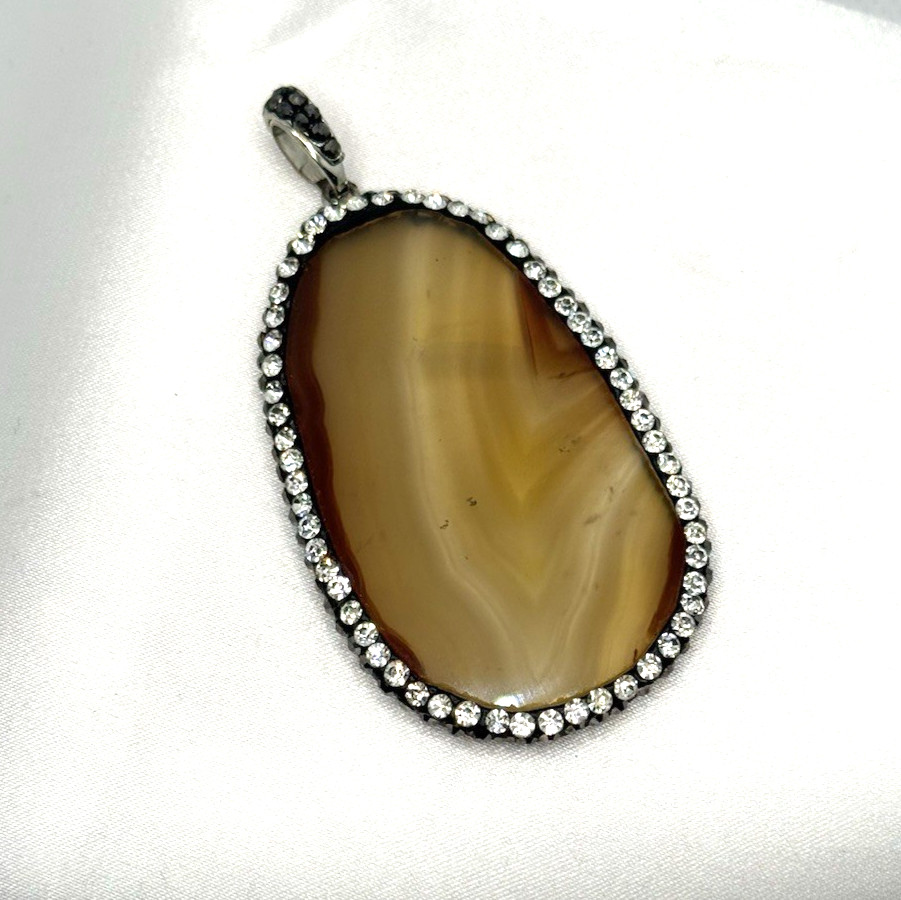 Vintage Brown Sliced Agate Geode Pendant Silver Tone Marcasite Rhinestone Trim