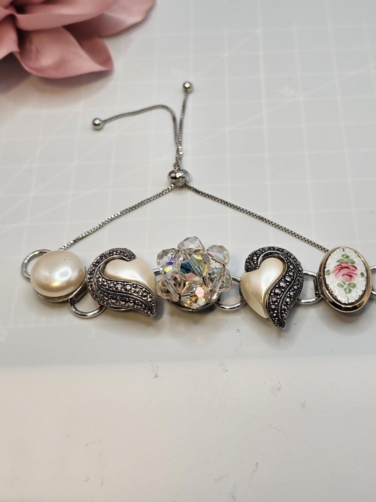 Handmade Mixed Media Bracelet Vtg Clip Earrings 40-50s OOAK 8+” Grannycore 2
