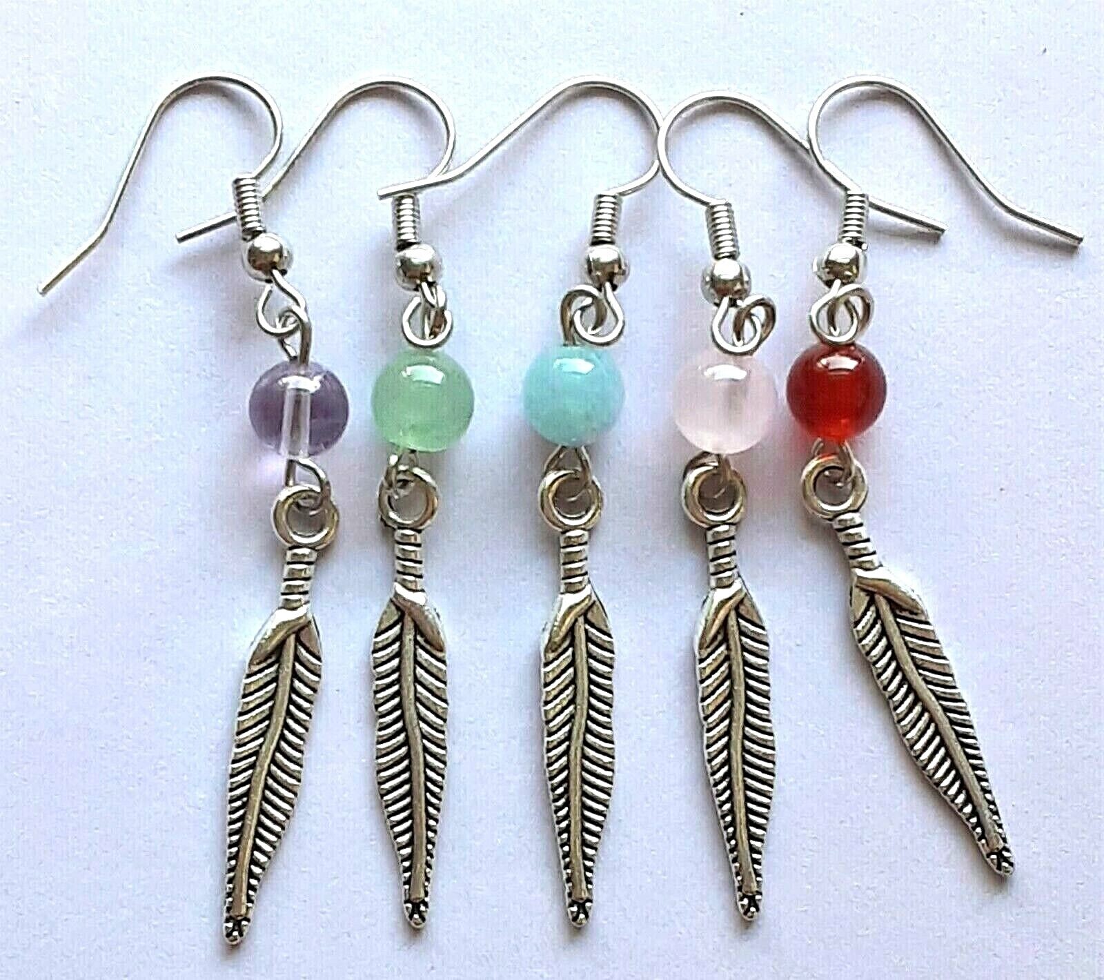 GEMSTONE & Feather dangles fish hook handcrafted YOU CHOOSE XGE