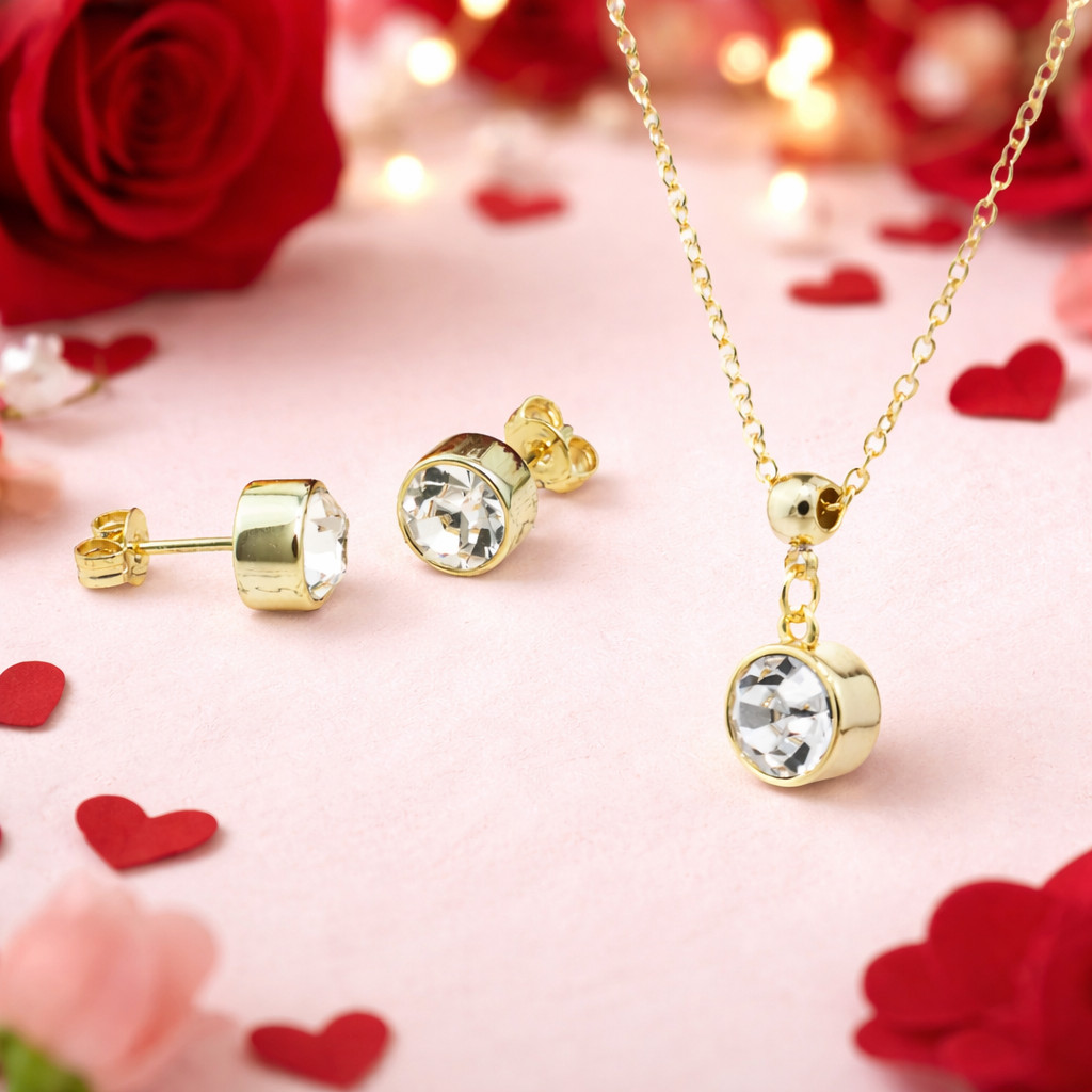 Valentine Crystal Jewelry Set: Silver or Gold Plated Necklace & Earrings
