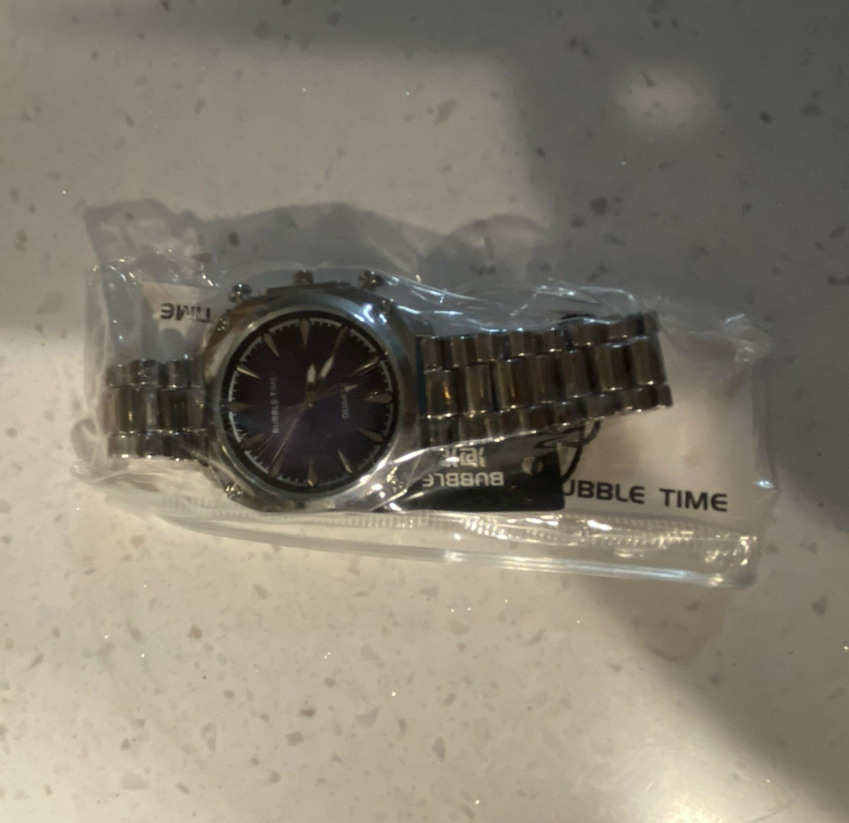 Bubble Time Quartz Analog Watch Black Sunburst Dial Silver Tone Bracelet