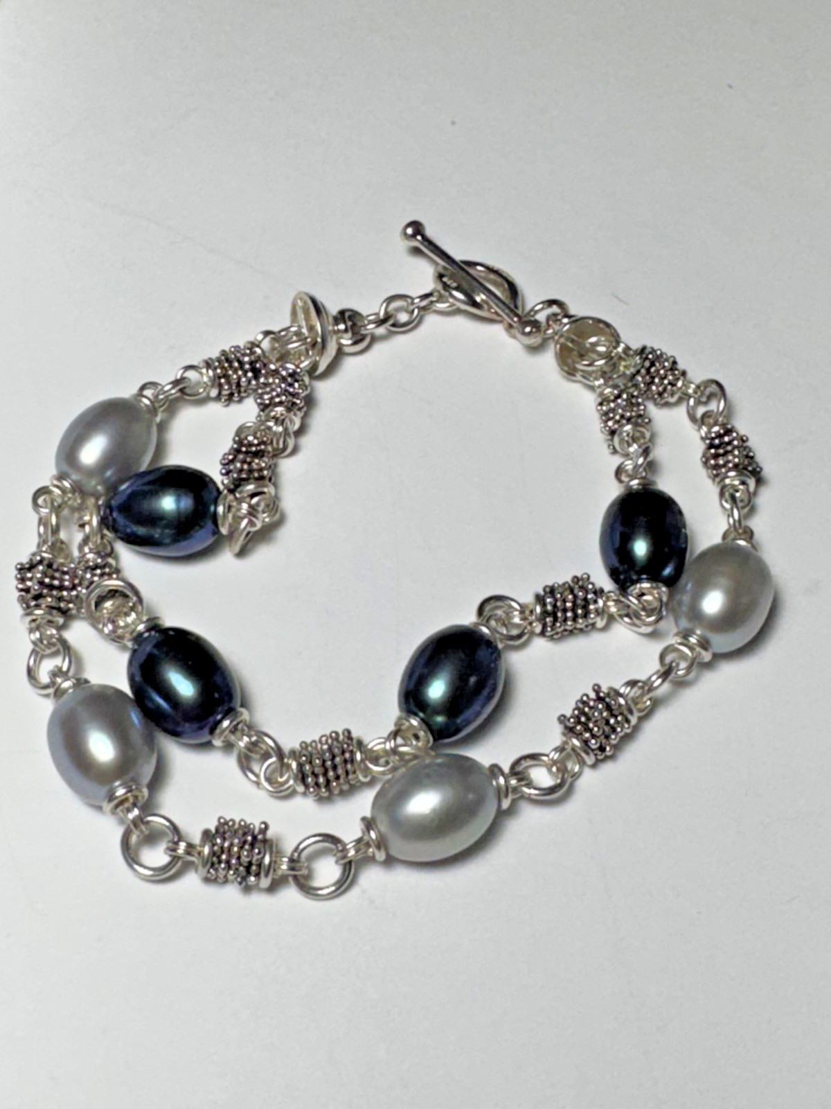 Michael Dawkins Sterling Silver 925 Gray Black Pearl Double-Strand Bracelet 7.5