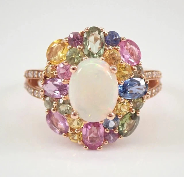 14K Rose Gold Plated 3Ct Oval Opal Multi Color Sapphire Halo Engagement Ring