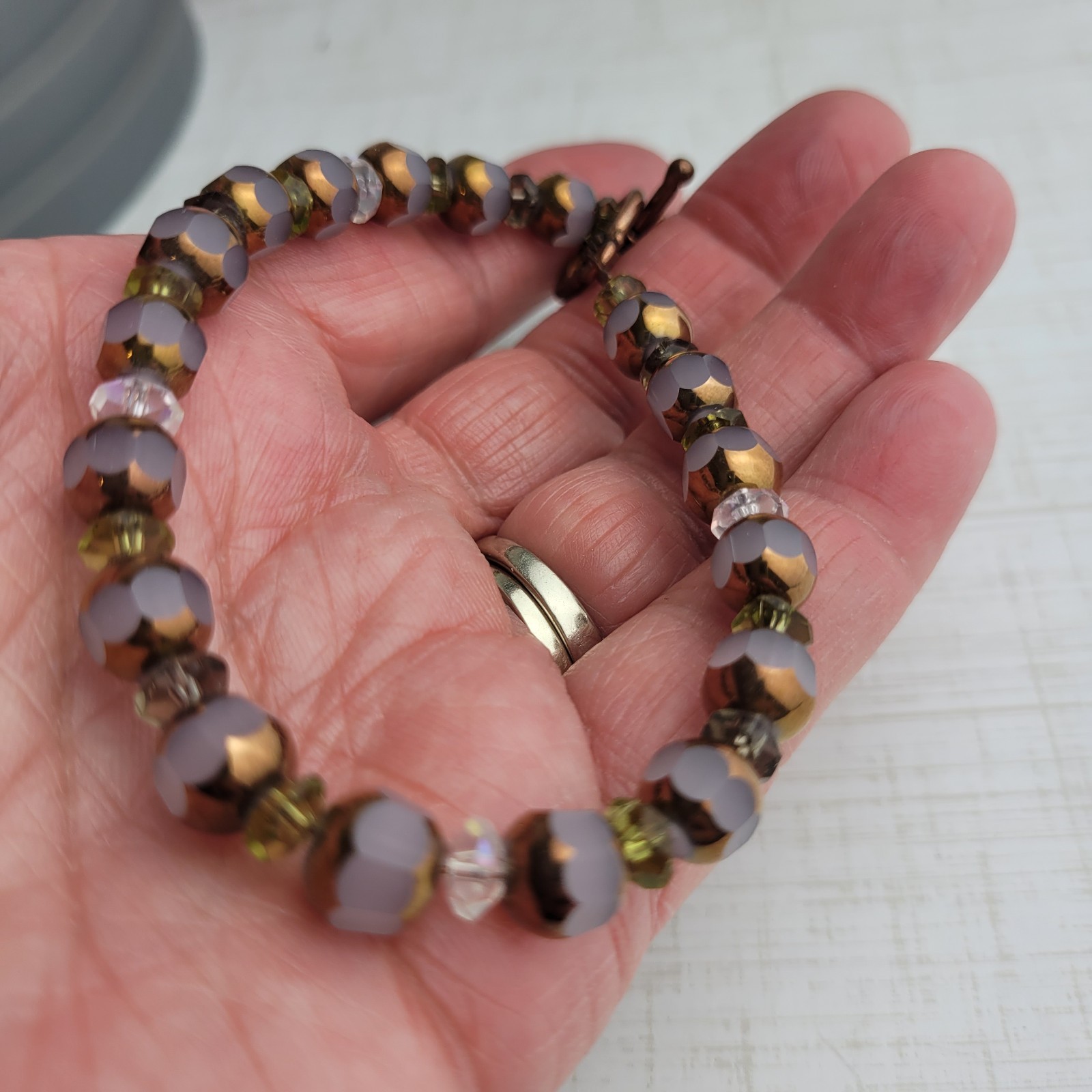Mauve Copper Colored Glass Bead Bracelet 8″ Artisan Made