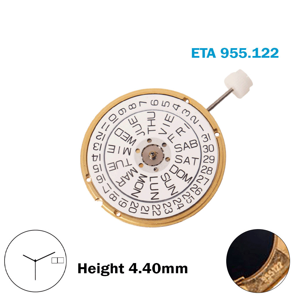 ETA 955.122 Swiss Quartz Movement-White Day& Date Disk At:3-H:4.40mm-3Hands.