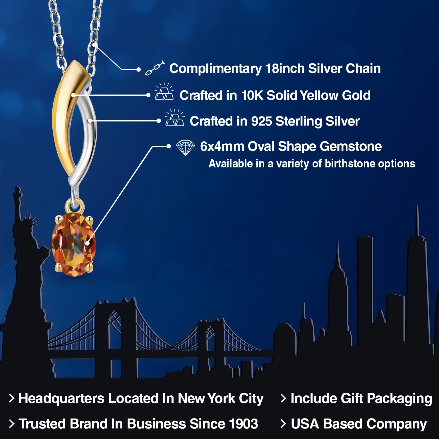 925 Silver and 10K Yellow Gold Ecstasy Mystic Topaz Pendant Necklace for Women