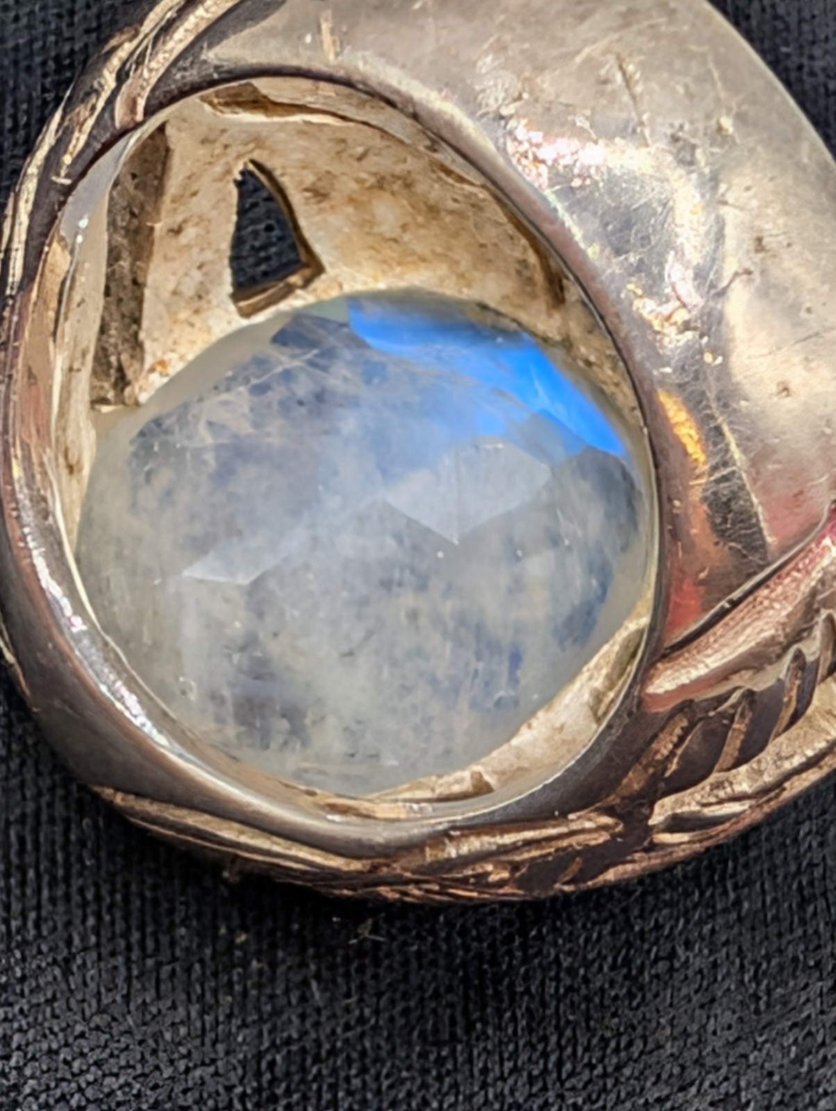 Vintage Artisan Rainbow Moonstone Ring, Openwork Leaf 925 SILVER~MAKER MARK WORN