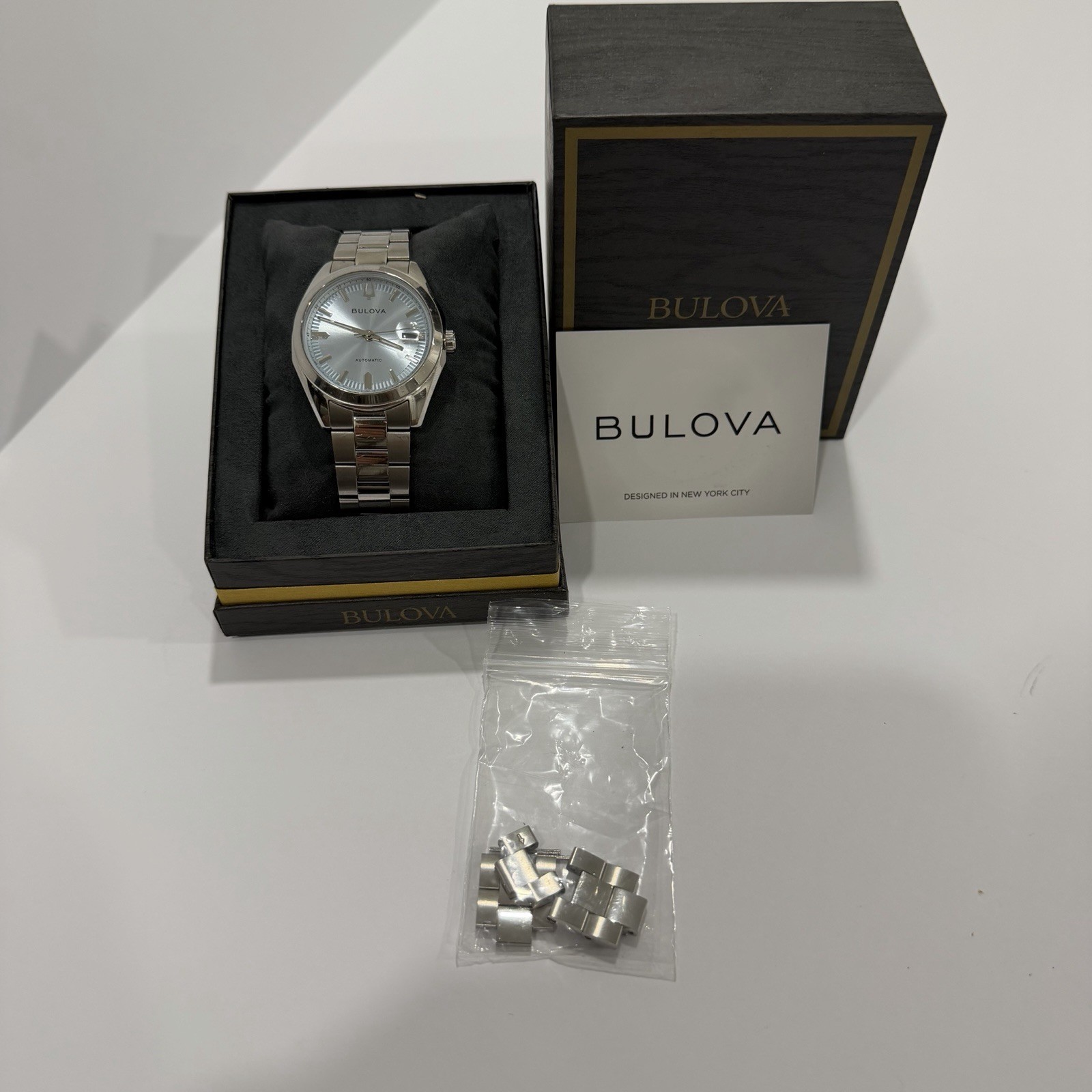Bulova Automatic Light Blue Dial Stainless Steel Bracelet Date Watch w/ Box
