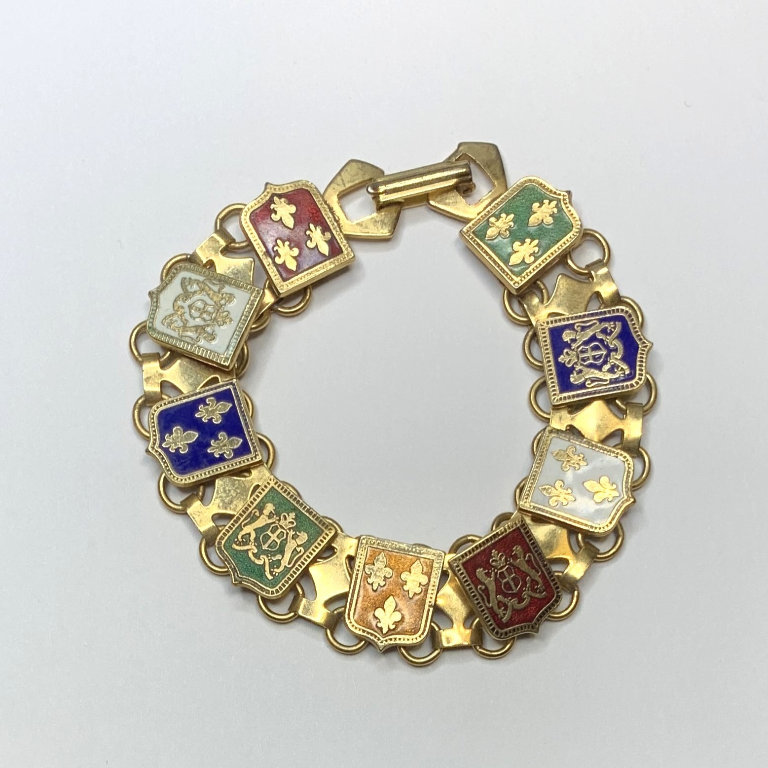 Vintage Gold Tone Enamel French Style Coat of Arms & Fleur De Lis Bracelet