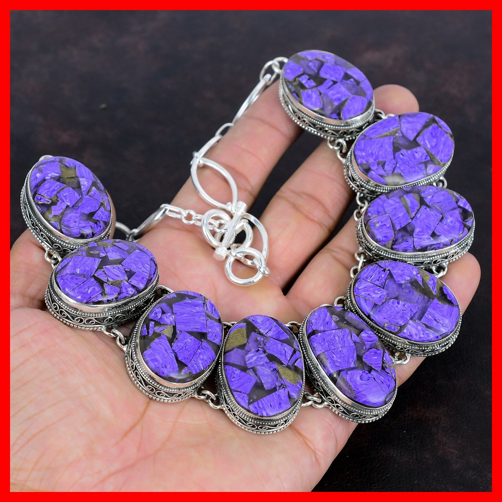 Valentines Sale Copper Charoite Stone 925 Silver Vintage Chain Artisan Necklace