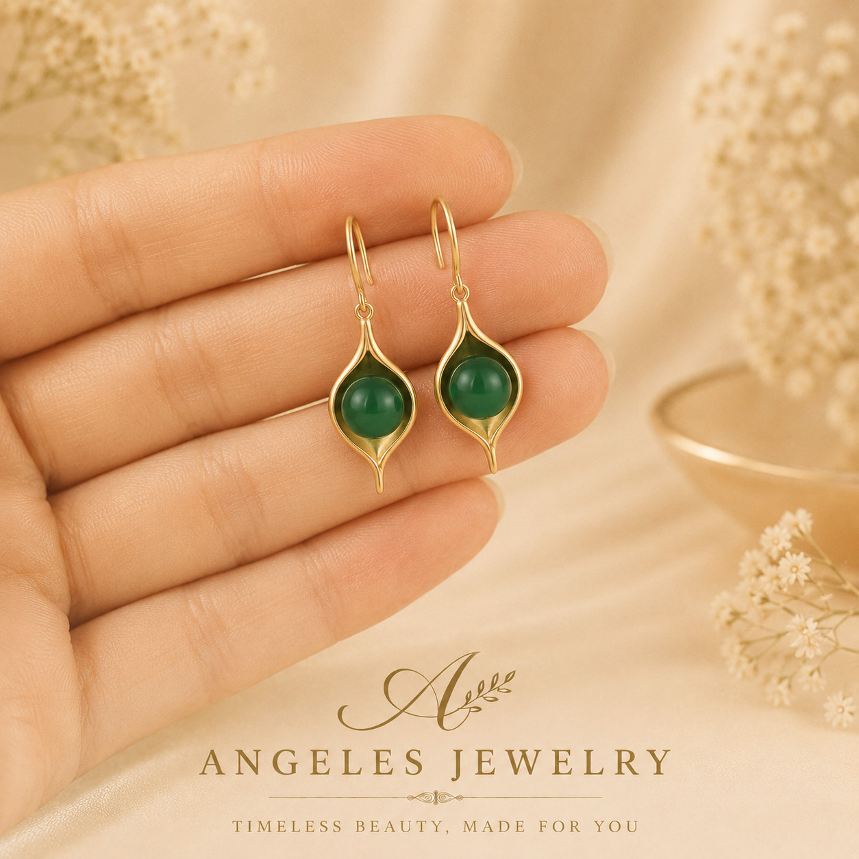 Green Jade Drop Dangle Earrings Minimalist Leaf Gemstone Hook 18K Gold Plated