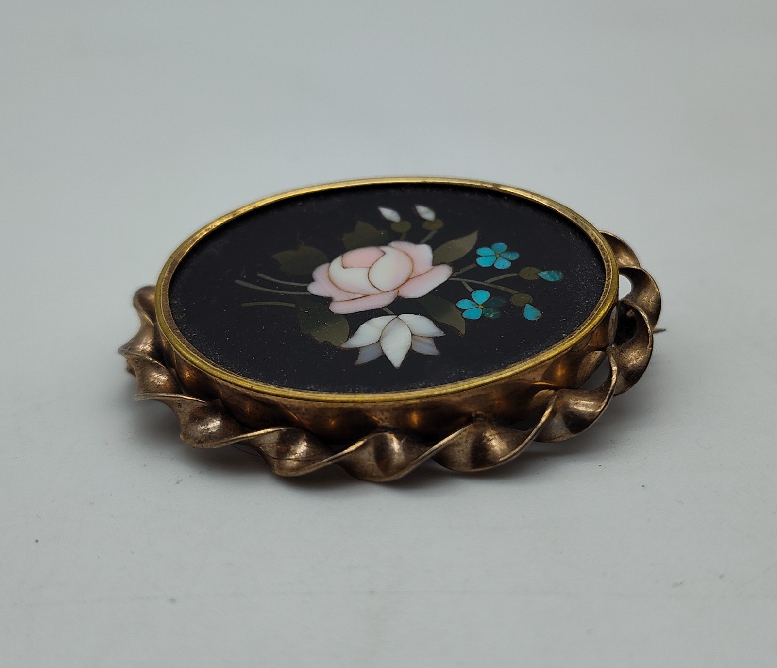 Antique Flower Pietra Dura Stone Black Pink Blue Green Gold Tone Brooch Pin