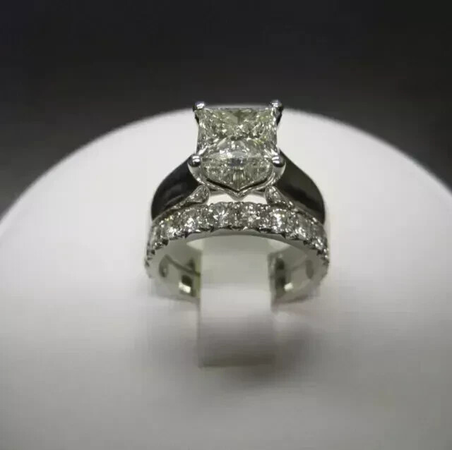 4 CT Princess Cut Moissanite Bridal Wedding Ring Set 14K White Gold Plated SZ-7