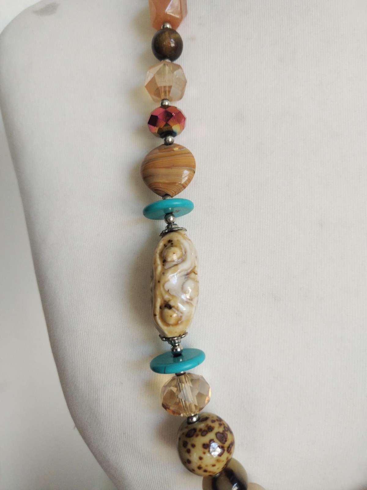 Long Blue Brown White Faux Pearl, Porcelain, Stone, Glass Mixed Beads Necklace