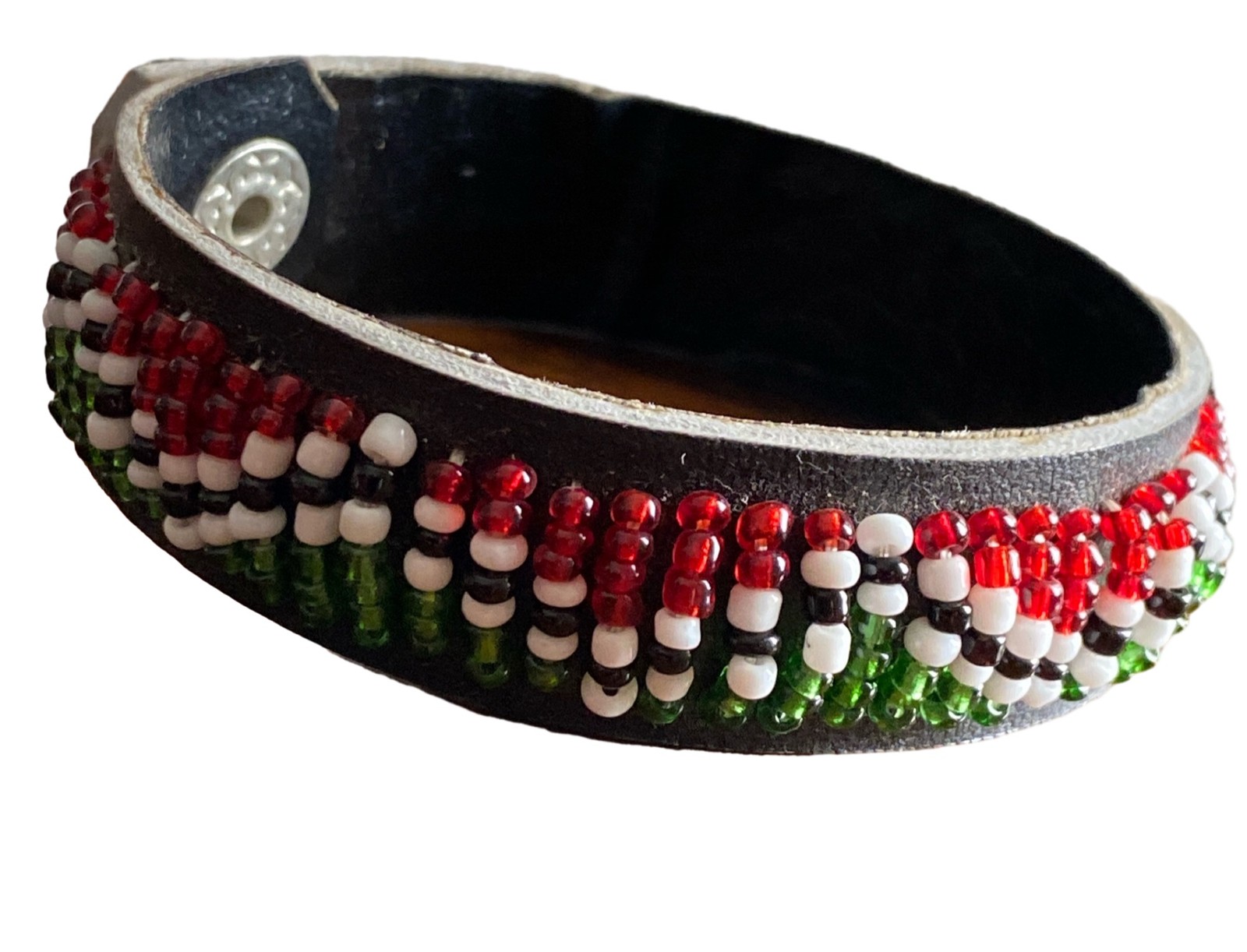 Vtg Maasai Beaded Leather Cuff Bracelet Kenya Flag East African Artisan HandMade