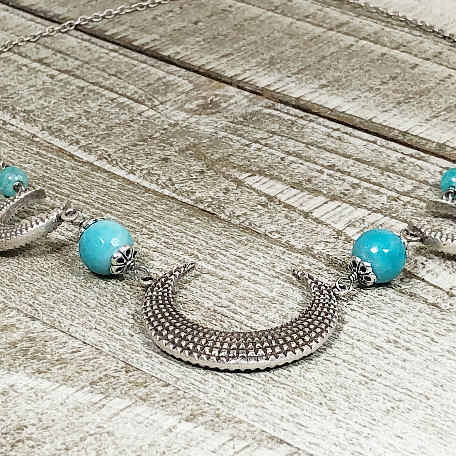 Antique Silver Half Moon Statement Necklace with Faceted Mystic Coated Turquoise