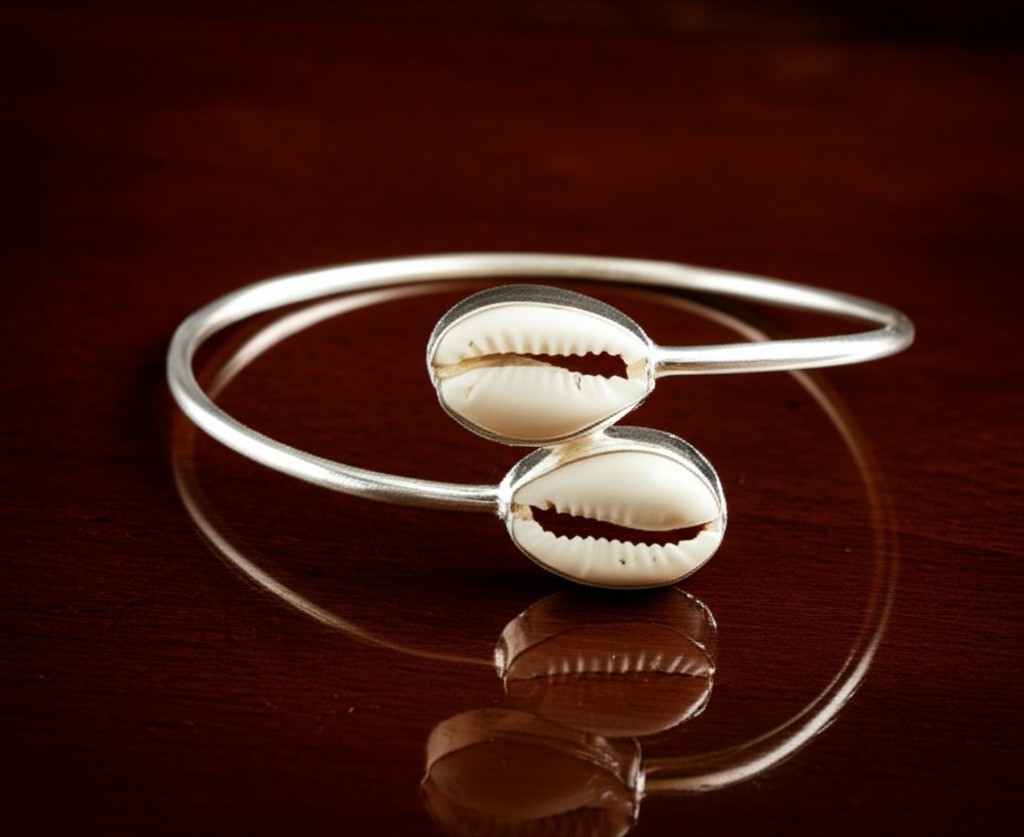 925 Sterling Silver Cowrie Shell Bracelet Double White Shell Cuff Bangle