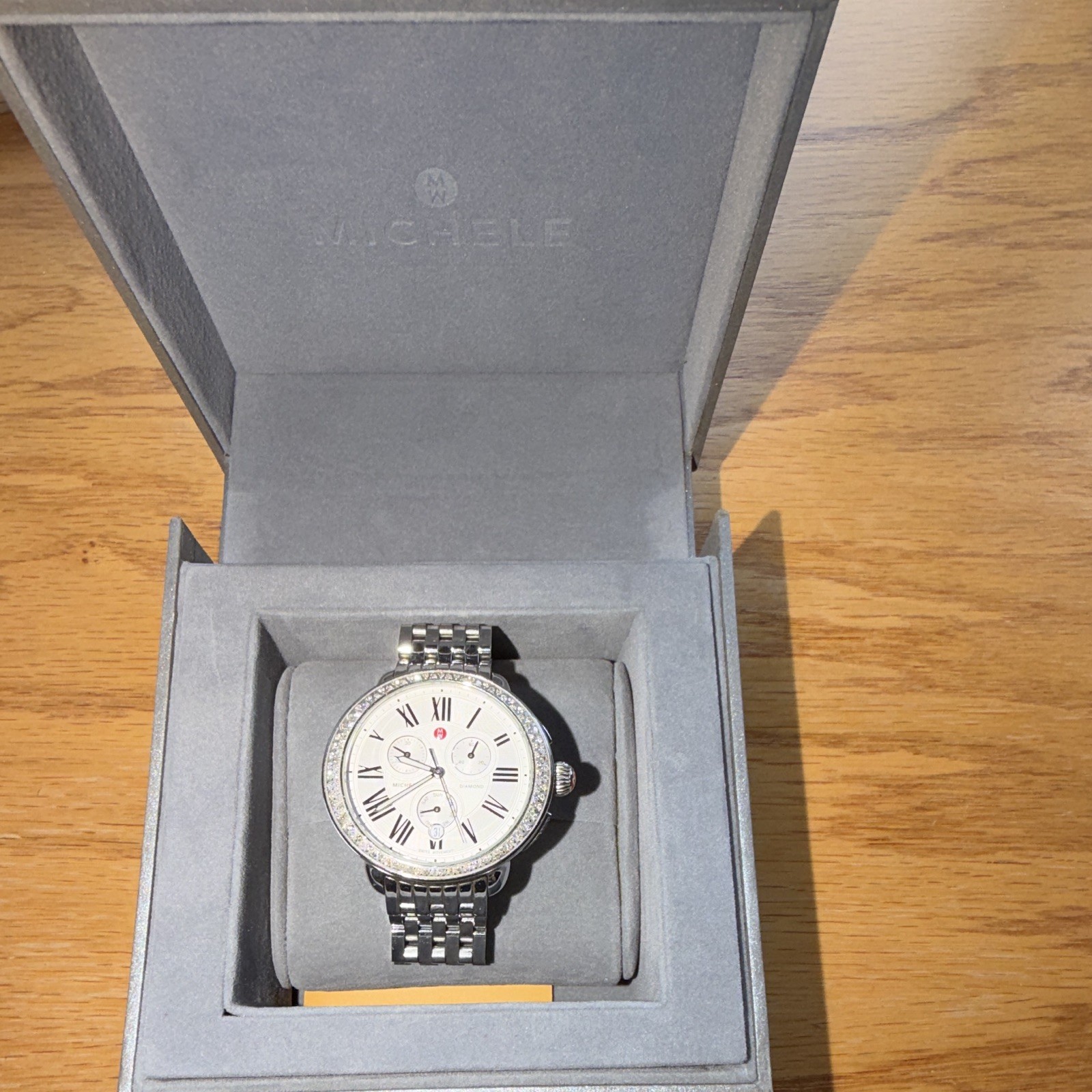 MICHELE Diamond Women’s Swiss Quartz Date Diamond Bezel Watch w/ Box