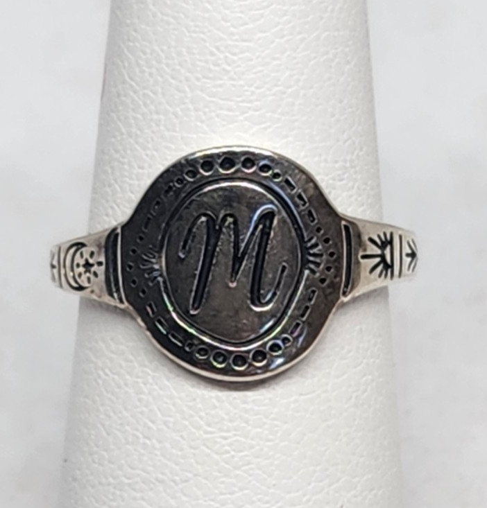 Beautiful Sterling Silver Rain + Bow “M” Initial Ring – Size 5