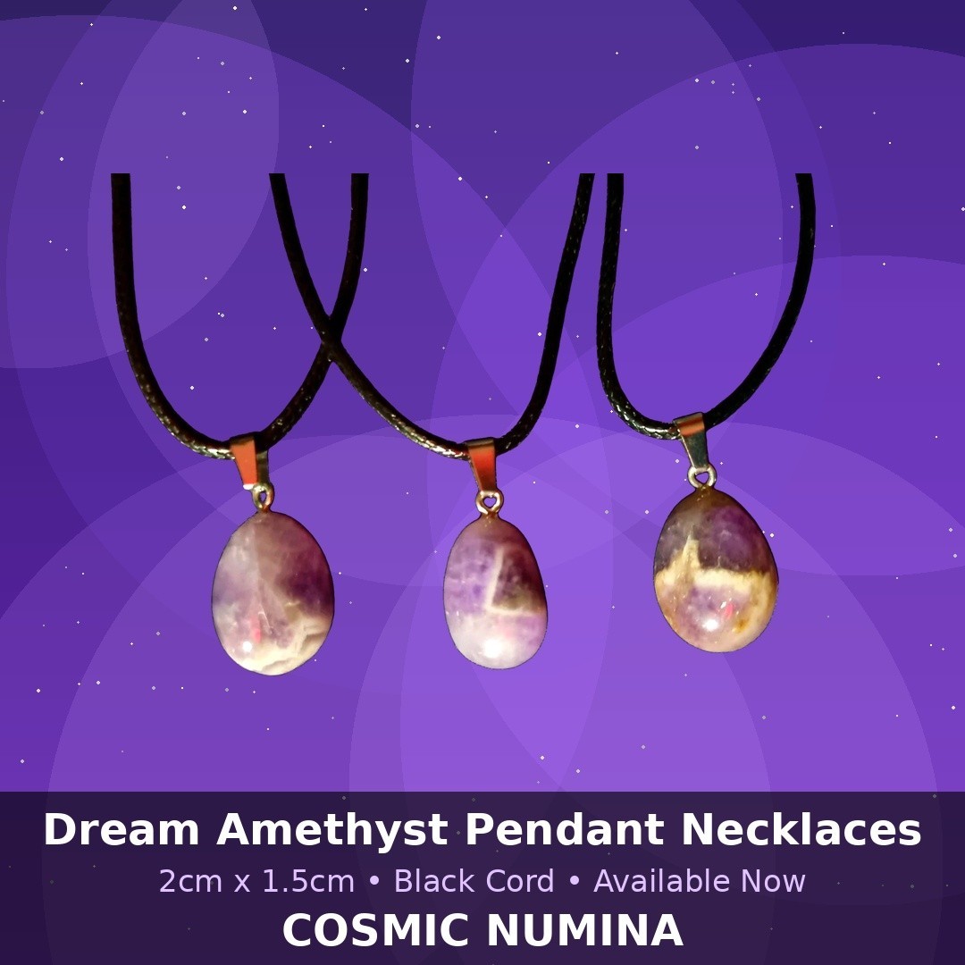 Cosmic Numina Amethyst Oval Stone Charm Pendant Necklace on Black Cord 2cm