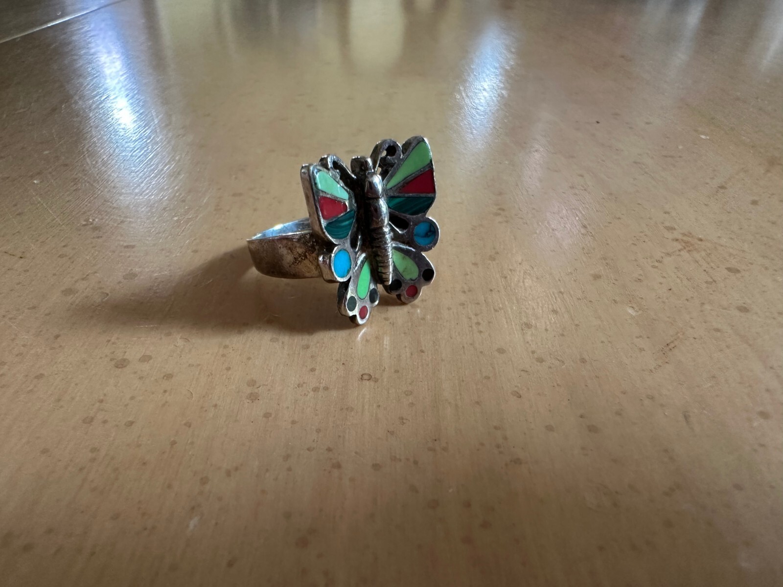 STERLING SILVER BLUE TURQUOISE CORAL MALACHITE ONYX INLAY BUTTERFLY 6.00 G RARE