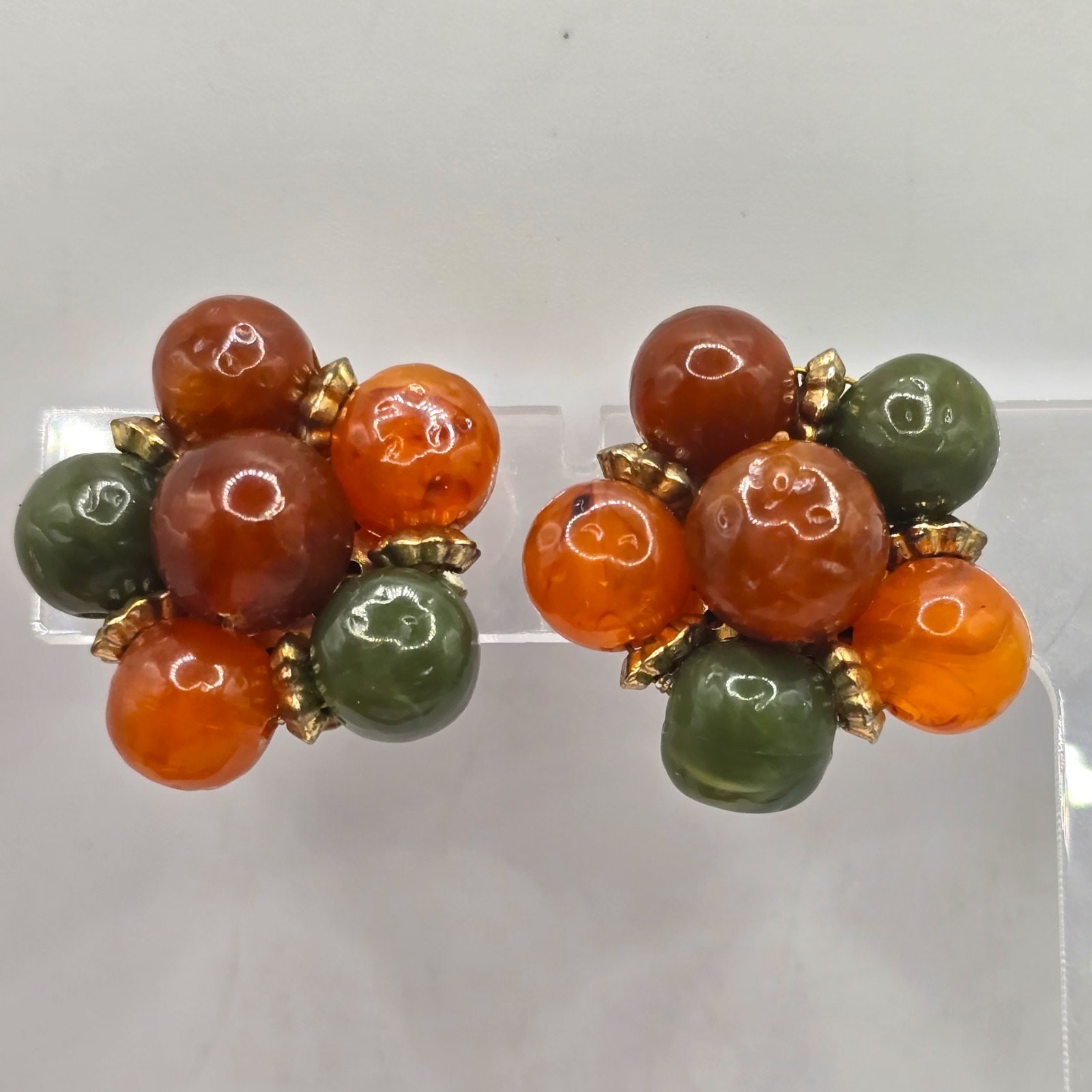 Vintage Earrings Clustered Lucite Acrylic Mid Century Design Clip On SKU 3182