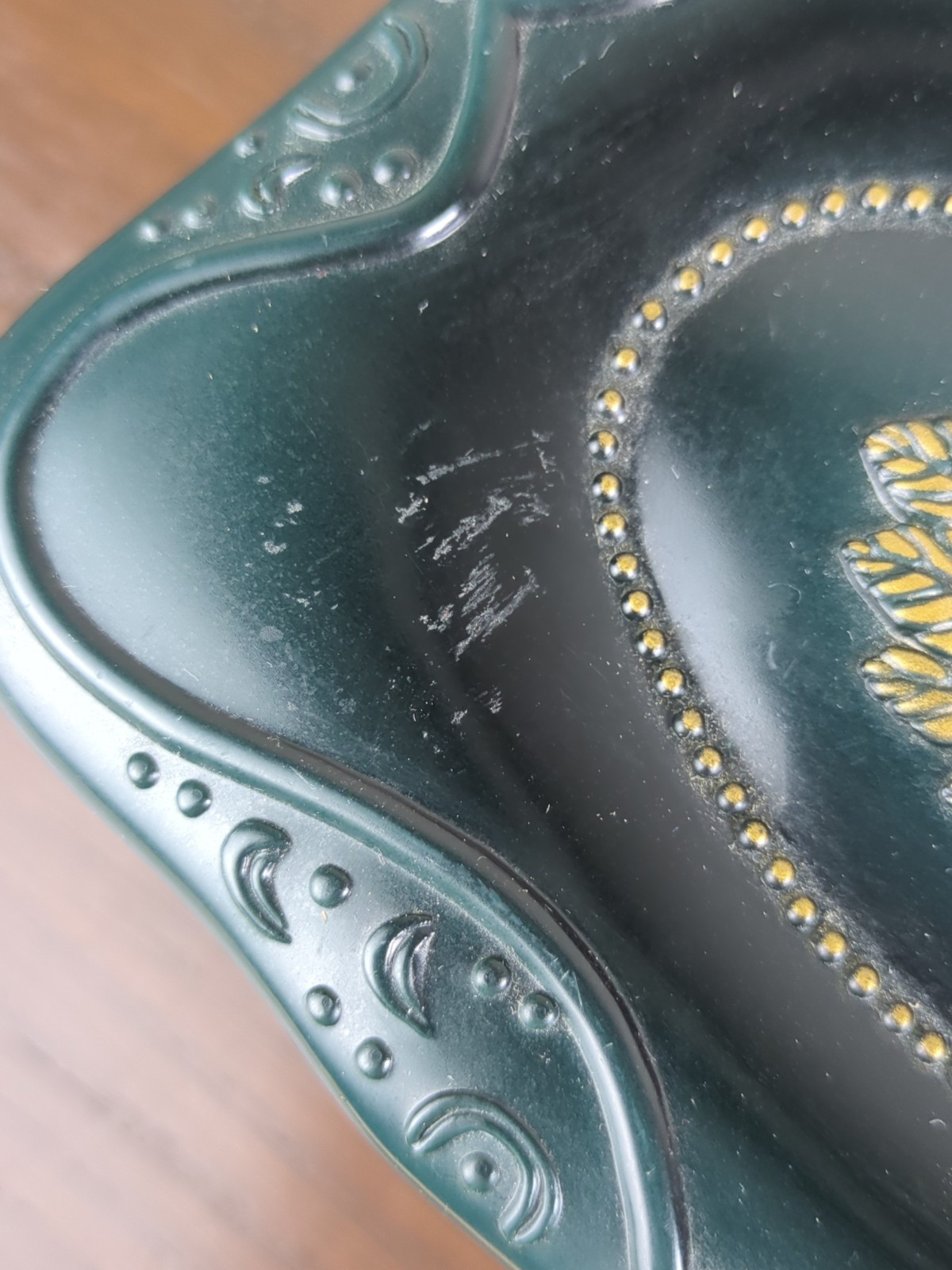 Plastic Table Top Dresser Drawer Jewelry Box Dark Green Gold Florals Paisley Fab