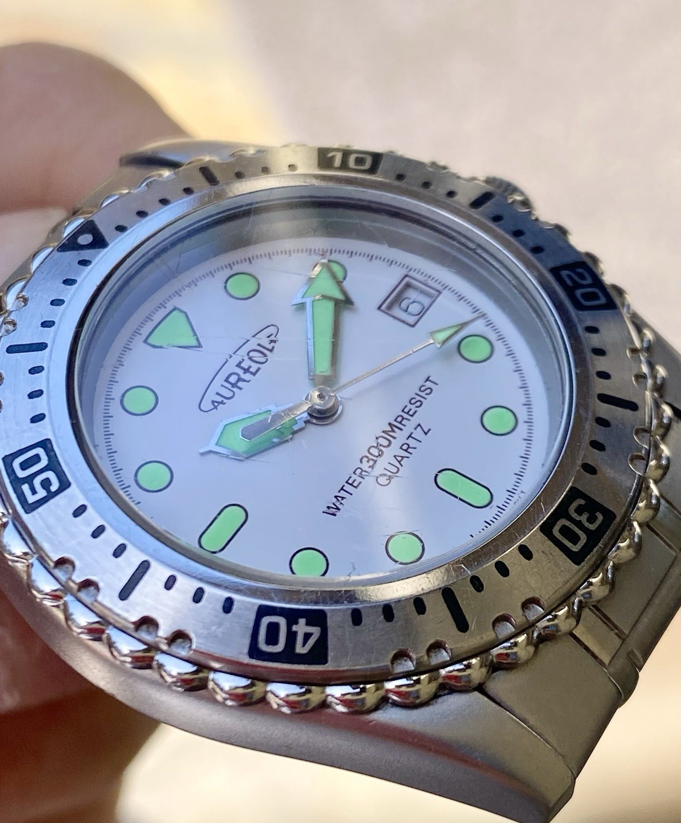 Vintage 1990s Aureole Swiss Quartz Diver Watch 36mm Stainless Steel Sandblasted