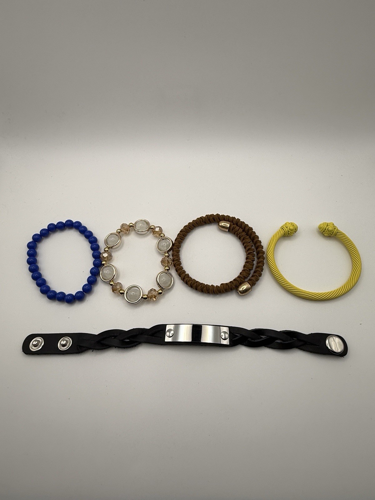 5 Pc Bracelet Lot – Beaded Suede Cable Cuff Leather Snap Bar Wristband Set