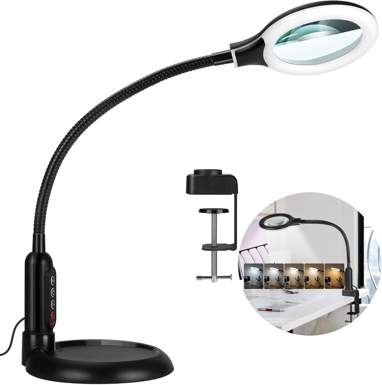 LED Desk Magnifier Lamp with Adjustable Gooseneck – 10X Magnification & Dimmable