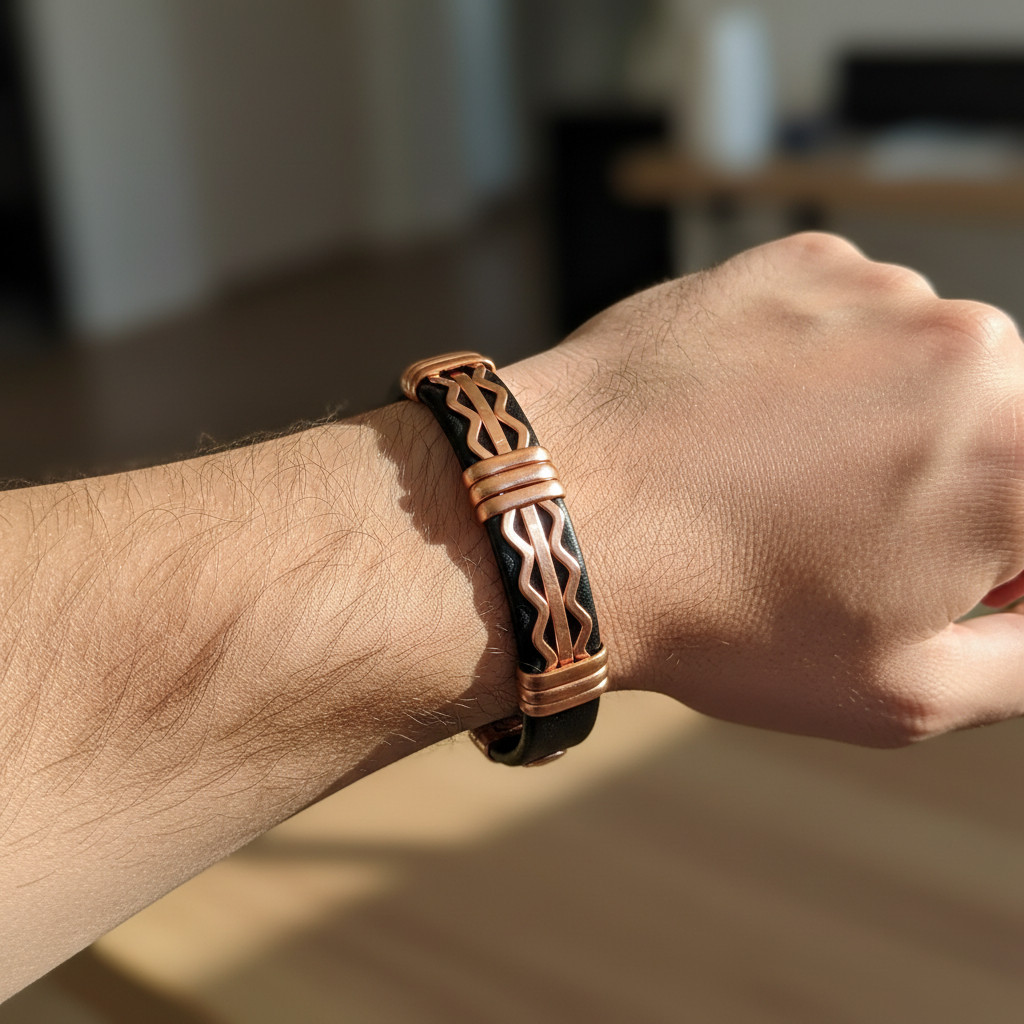 Solid Copper Leather Wrapped Magnetic Bracelet Arthritis Pain Therapy Cuff V