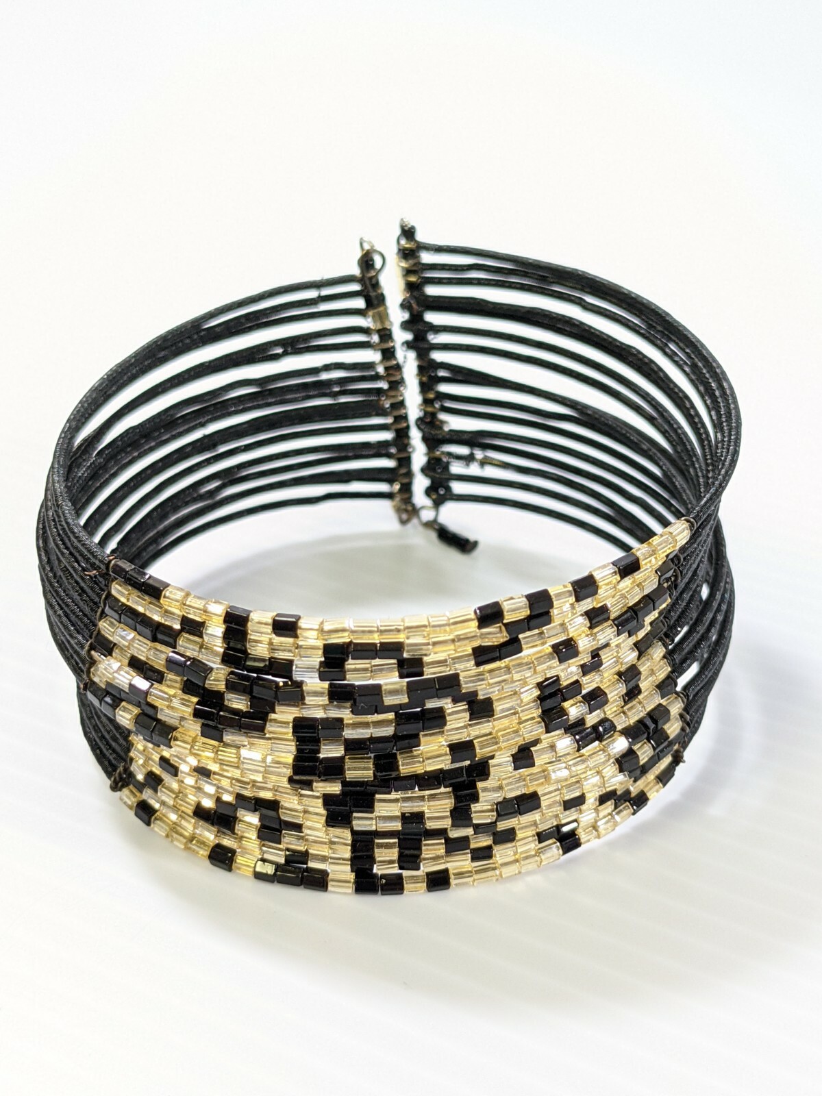 Artisan Black Beige Glass Bead Multi Strand Memory Wire Cuff Bracelet