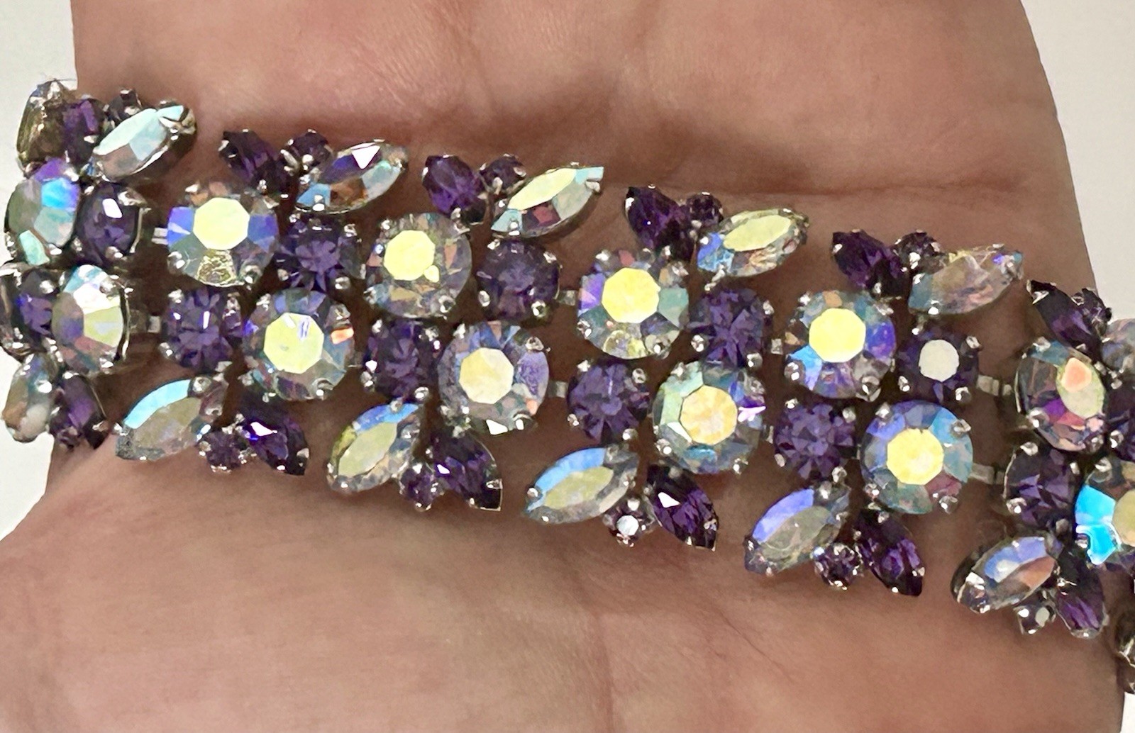 Signed Sherman Rhinestone Bracelet & Earrings Purple & AB Rhinestones